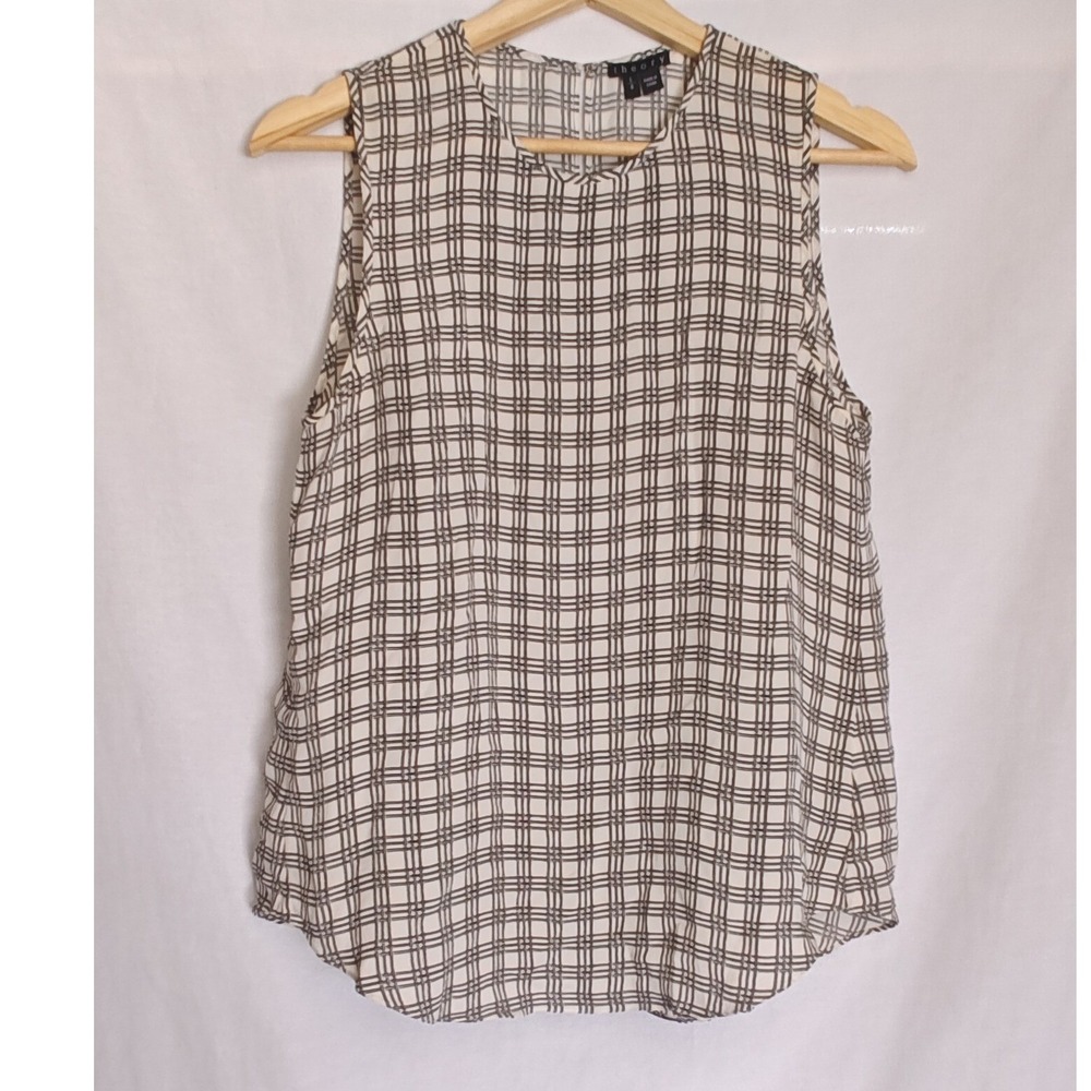 Theory Bringam Silk Tank Top Off White Ivory Black Plaid Sleeveless Blouse Large